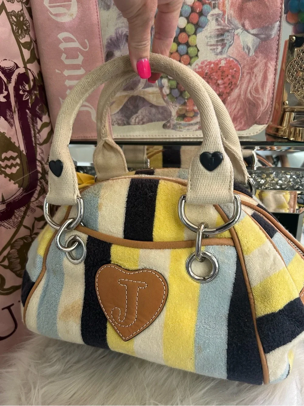 Rare Y2K Vintage Juicy Couture Colorful Striped Terry BEE Bowler Satchel Bag 🐝